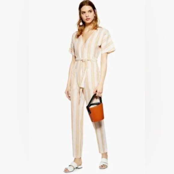 Topshop Pants - Topshop Linen Cotton Blend Mustard Yellow White Striped Jumpsuit US Size 10